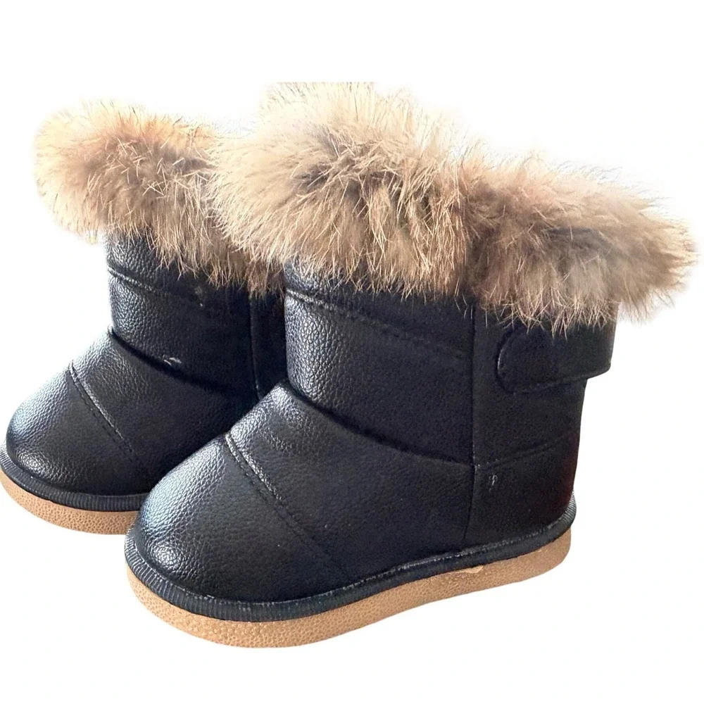 Kids Black Faux Leather Fur Trim Snow Boots Toddler Child‎ Size 4